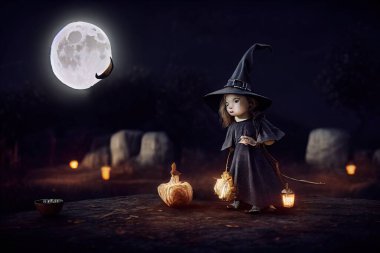 a illustration of a little sweet witch in full moon