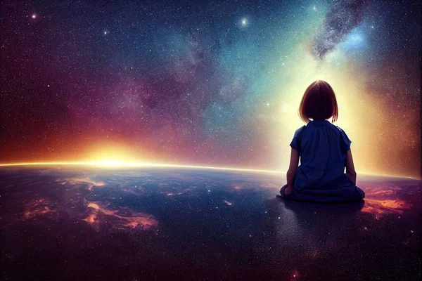 Uma Ilustração Uma Menina Olhando Para Universo — Fotografia de Stock