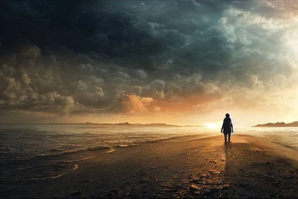 a illustration of a single person at the sea in the impressive sunset