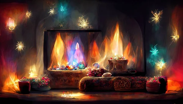 有神灯和圣诞礼物的插图壁炉 — 图库照片