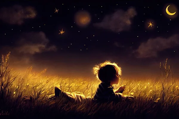 Gece Bir Tarlada Resimli Bir Çocuk Gökyüzündeki Yıldızları Izliyor — Stok fotoğraf