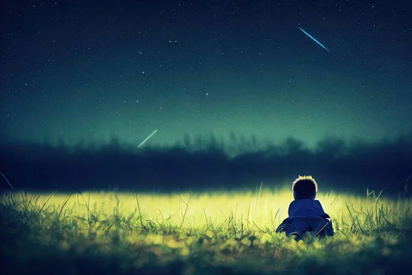 Niño Ilustrado Campo Por Noche Mirando Las Estrellas Cielo —  Fotos de Stock