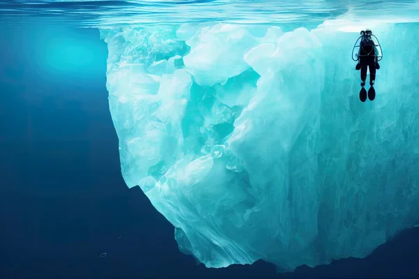 a illustration of a diver under an iceberg