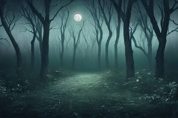 a illustration of a creepy forest with full moon