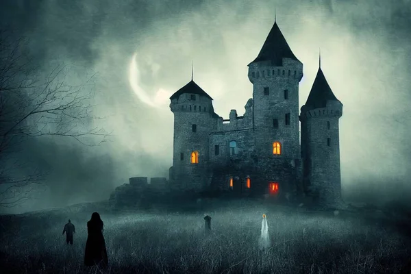 Une Illustration Château Minuit Avec Des Fantômes — Photo