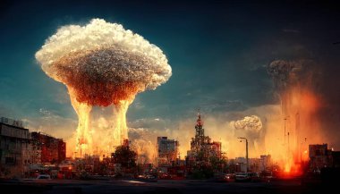 Atomik bir mantar bulutunun bir şehir üzerindeki patlamasının çizimi.