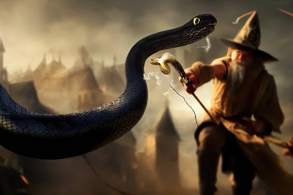 Una Ilustración Mago Lucha Contra Serpiente —  Fotos de Stock