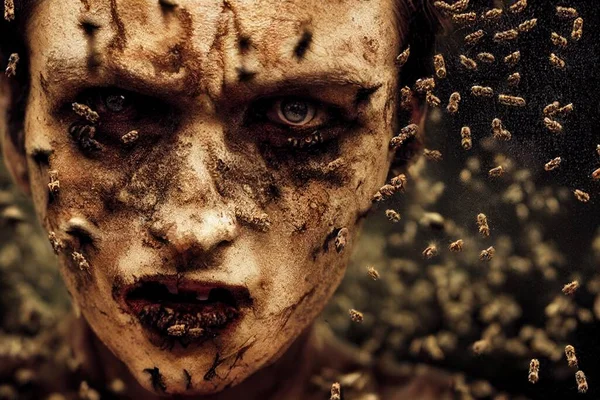 Une Illustration Zombie Effrayant Avec Essaim Abeilles — Photo