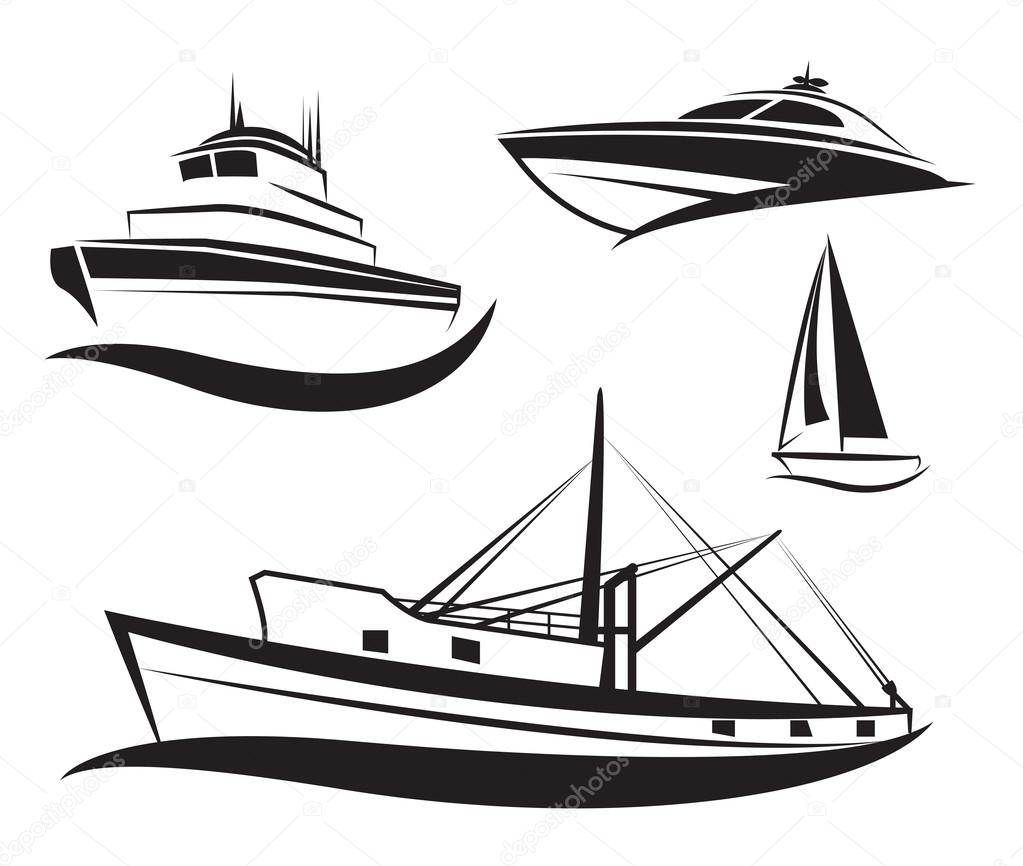 Vector black ship and boat set