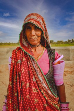 Jaisalmer, Hindistan - 19 Ocak 2020: Hint Rajasthani kadını geleneksel renkli kıyafetler ve mücevherler giyiyor