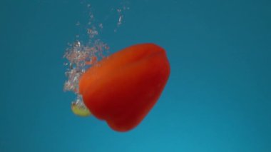  Yavaş çekimde sulu kırmızı biber suya su sıçratarak ve kabarcıklarla düşer. Mavi bir arkaplanda.