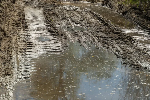 Çamurda tırtıl traktör izleri var. Büyük kirli su birikintisi traktörden sonra çukuru doldurdu. Yol yok. Yeraltı suyu.