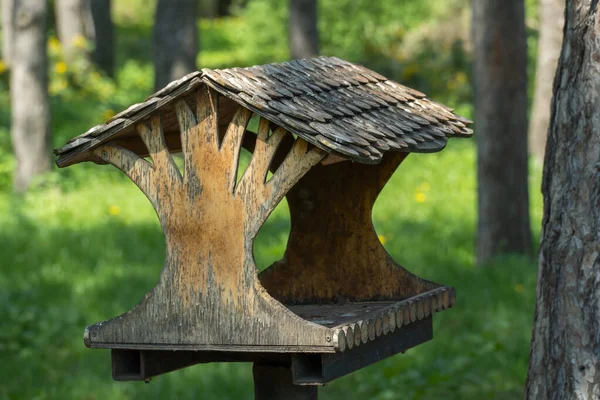 Antiguo comedero para pájaros de madera y rústico colgado en una valla en  un jardín trasero