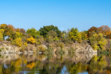 Autumn colors in sunny day on lake in city park. Landscape golden foliage and reflection of trees in calm water. Colorful plants on stone bank of pond and blue sky. Autumn reflections. Fall bright.