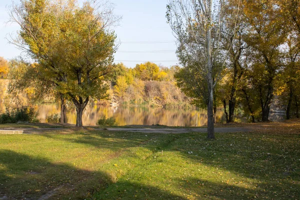 Autumn colors in sunny day on lake in city park. Landscape golden foliage and reflection of trees in calm water. Colorful plants on stone bank of pond. Autumn reflections. Fall bright. Beauty in natur