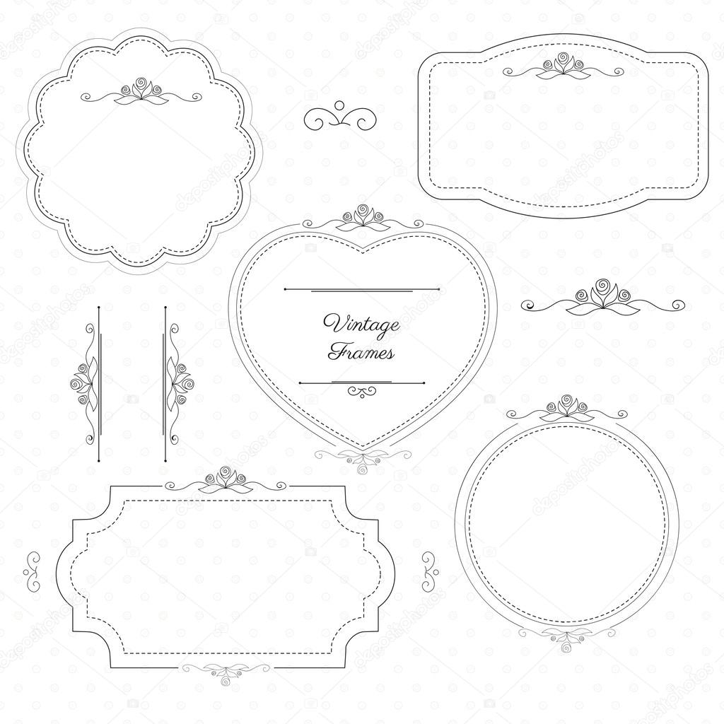 Monochrome vintage frames with floral elements on light pattern 