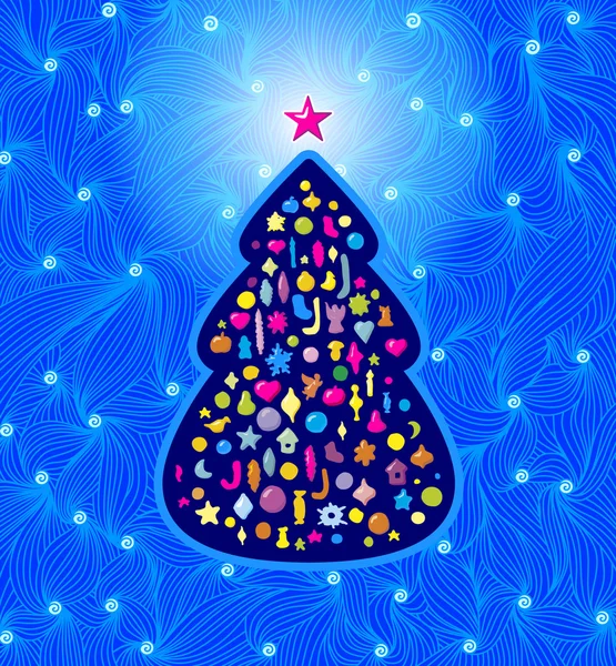 Elegante kerstboom op een blauwe achtergrond — Stockvector