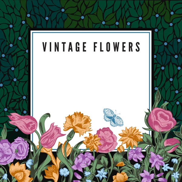 Tarjeta vectorial Vintage con jardín nocturno y flores y mariposa . — Vector de stock