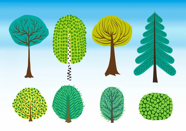Векторный набор разноцветных кустарников и деревьев — стоковый вектор