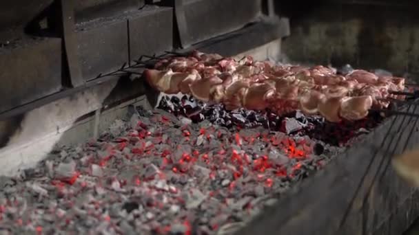 Cocinero Pone Carne Pinchada Parrilla Vídeo Muestra Brasas Humo Que — Vídeo de stock