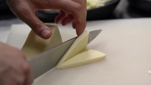 Hands Chef Close Chef White Board Cuts Cheese Serving Dishes — Stockvideo