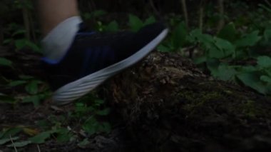 a man walking in the park steps over a tree that has fallen on the path. close-up. tree bark and legs are clearly visible