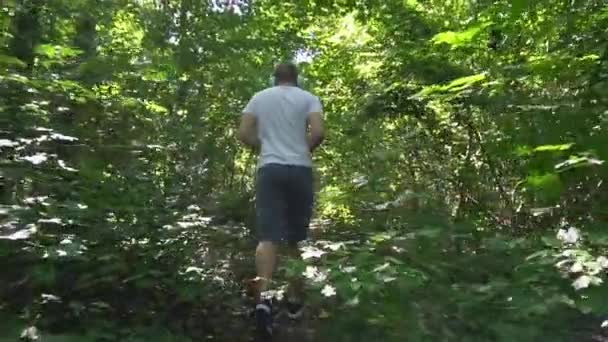 Young Man White Meek Gray Shorts Headphones Runs Forest Summer — стоковое видео