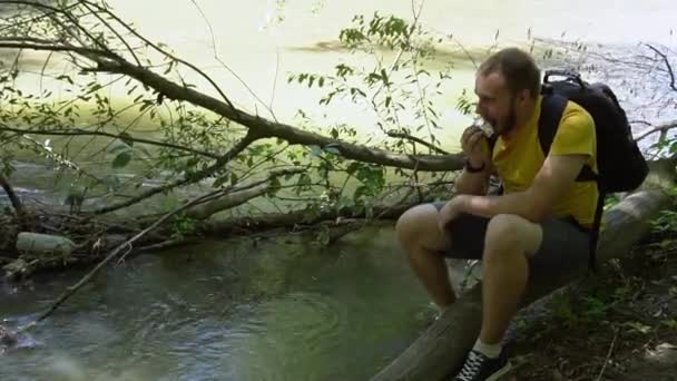 Young Man Traveler Beard Yellow Shirt Backpack Sits Fallen Tree — Wideo stockowe