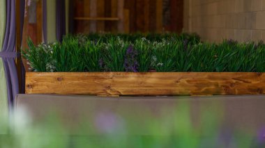 İç çekimler, yakın plan. Güzel ahşap bölme, tepesinde güzel yeşil çimenler var. Restoranın masaları ve masaları arkadan görülüyor..