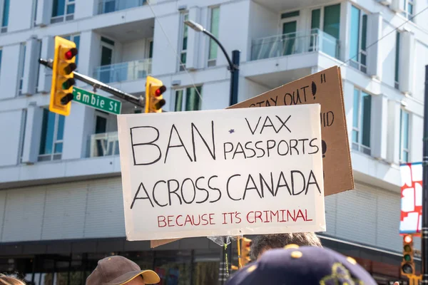Vancouver Canada September 2021 View Sign Ban Vaccine Passports Rally — Stock Photo, Image
