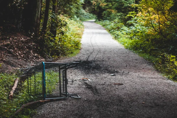 stock image Abandoned shopping cart found on Bridle Trail in Stanley Park in Vancouver