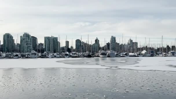 Blick Auf Ein Gefrorenes Dock Mit Booten Kohlehafen Schneesturm Und — Stockvideo