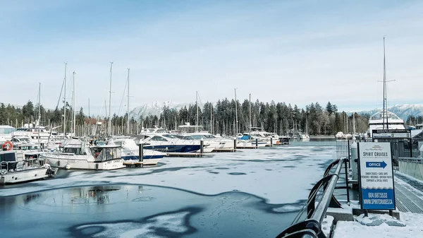 Vancouver Canadá Dezembro 2021 Uma Vista Doca Congelada Com Barcos — Fotografia de Stock