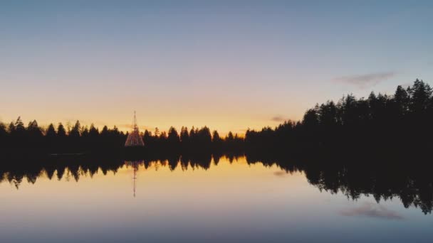 Prachtig Uitzicht Lost Lagoon Lake Bij Zonsondergang Met Versierde Kerstboom — Stockvideo