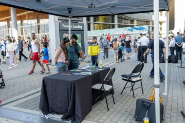Vancouver, Canada - July 1,2022: A view of pop up Canadian Armed Forces station for recruiting new members on Canada Day in downtown Vancouver