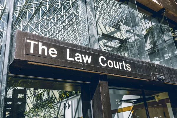 View of entrance and sign of The Law Courts in Downtown Vancouver