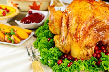 Kızarmış hindi, kızılcık soslu ve yer elmalı Şükran Günü yemeği masası. Kapat..