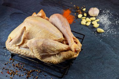 Pişirme malzemeleri ve baharatlı çiğ hindi. Üst görünüm.