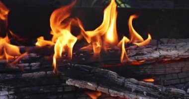 Ateş, alev ve odun kütüklerinin soyut arkaplanı.