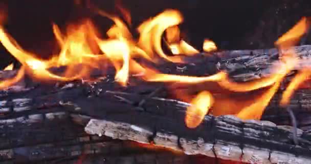 Gele vlammen in het vuur met hout en hout. — Stockvideo