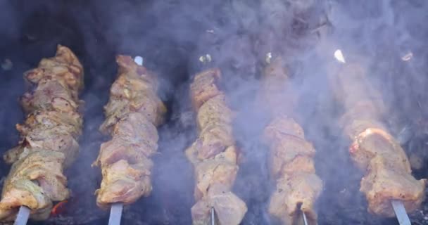 Grillowane mięso shish kebab na szaszłyki zewnątrz. — Wideo stockowe