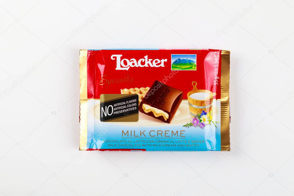 May 4, 2021. New York. Loacker chocolate bar with milk cream filling on white isolated background.