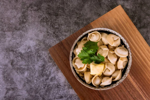 Top View Traditional Russian Dish Pelmeni Dumplings Meat Butter — стокове фото