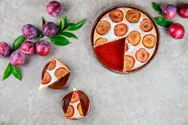 Pieces Delicious Red Plum Pie Covered Powdered Sugar Top View — Foto de Stock