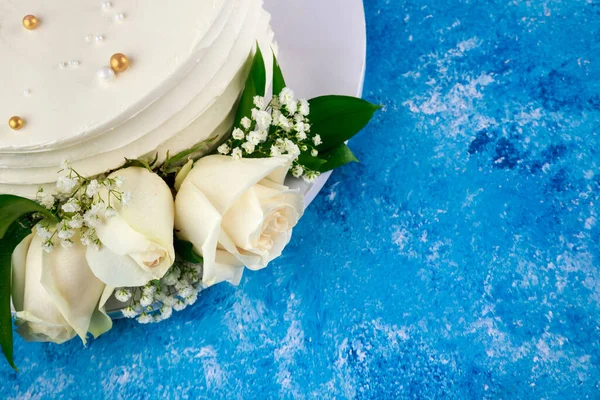 Birthday Cake White Roses Blue Background Close — Stock Photo, Image