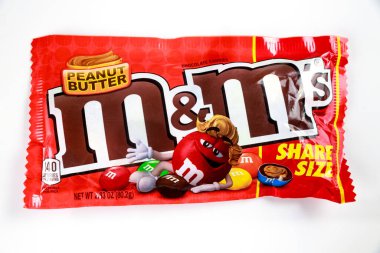 May 4, 2021. New York, US. MMs colorful milk chocolate candy with peanut butter .