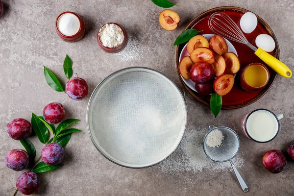 Proceso Cocción Utilizan Huevos Batidor Ciruela Una Bandeja Para Hornear — Foto de Stock