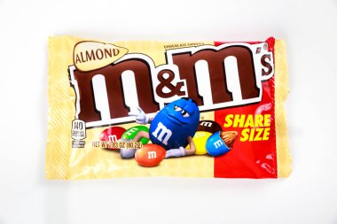 May 4, 2021. New York, US. Close up of MMs colorful milk chocolate candy with almond.