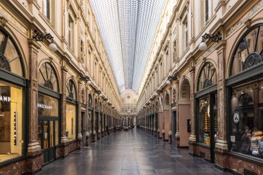 Brussels, Belgium - March 25, 2022: Shopping arcades galeries St. Hubert with chocolate and candy shops and restaurants downtown Brussels in Belgium