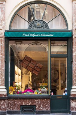 Brussels, Belgium -March 25, 2022: Shop window in galeries St. Hubert with chocolate and candy treats downtown Brussels in Belgium